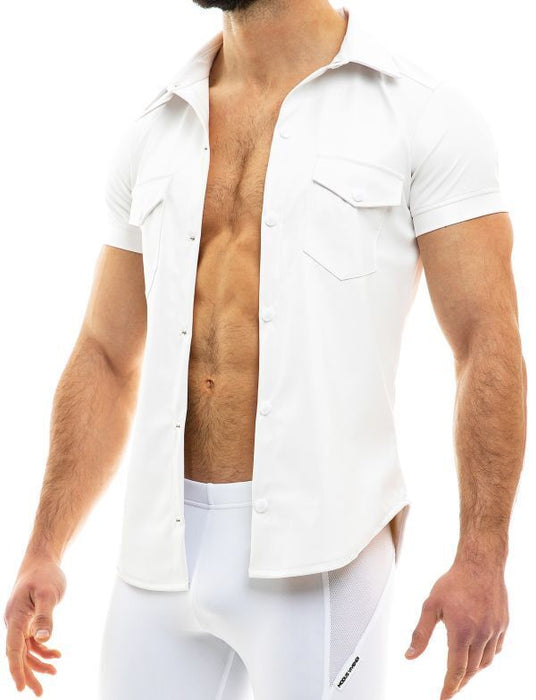 Modus Vivendi Chemise Vegan Leather Muscle Shirt Press Stud Buttons White 20541 B50B - SexyMenUnderwear.com