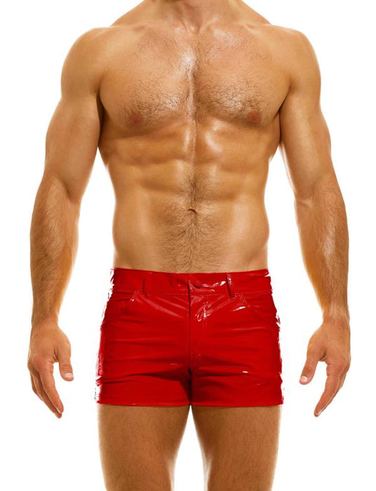 MODUS VIVENDI Glossy Shiny Vinyl 5P Shorts Viral Press - Stud & Zip 08062 in Red - SexyMenUnderwear.com