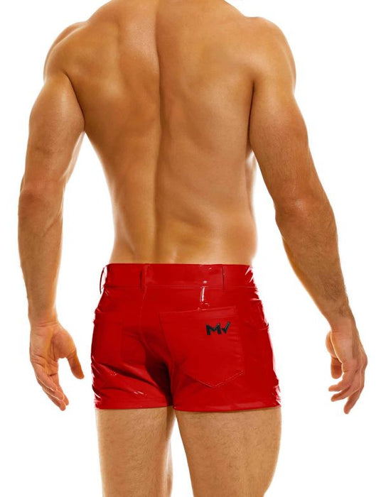 MODUS VIVENDI Glossy Shiny Vinyl 5P Shorts Viral Press - Stud & Zip 08062 in Red - SexyMenUnderwear.com