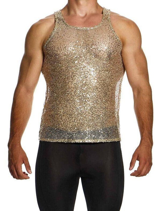 MODUS VIVENDI Harem Tank Top Slim Fit Sleeveless Sequins Gold 19431 B58 - SexyMenUnderwear.com