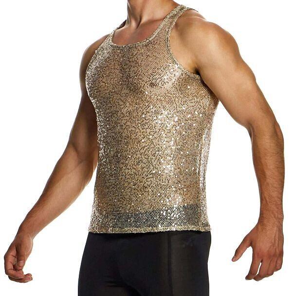 MODUS VIVENDI Harem Tank Top Slim Fit Sleeveless Sequins Gold 19431 B58 - SexyMenUnderwear.com