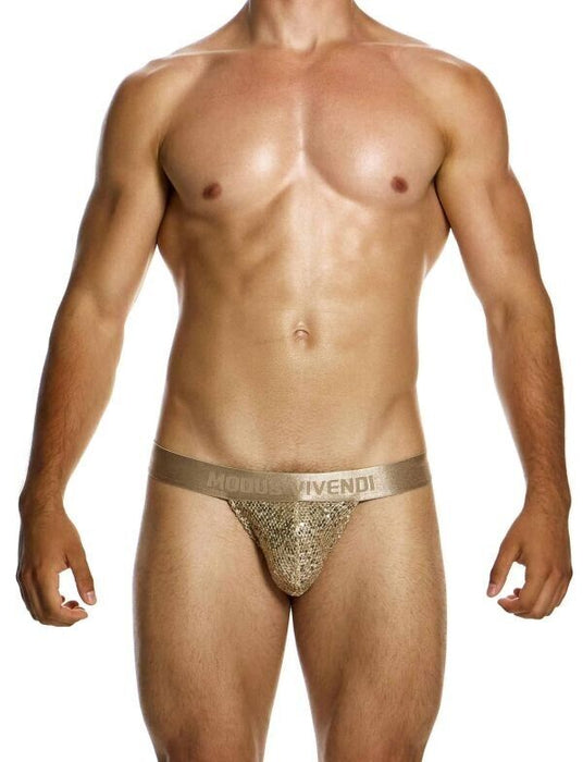 MODUS VIVENDI Harem Thong Slim Fit T - String Shiny Jacquards Sequins Gold 19411 - SexyMenUnderwear.com