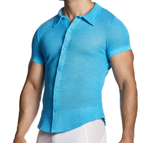 MODUS VIVENDI Micro Crochet Knitted Shirt Muscle - Fit in Blue 22441 B1032