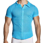 MODUS VIVENDI Micro Crochet Knitted Shirt Muscle - Fit in Blue 22441 B1031