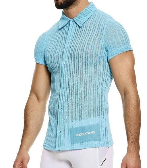 MODUS VIVENDI Muscle Fit Striped Crochet Shirt Knitted Chemise Light Blue 074411