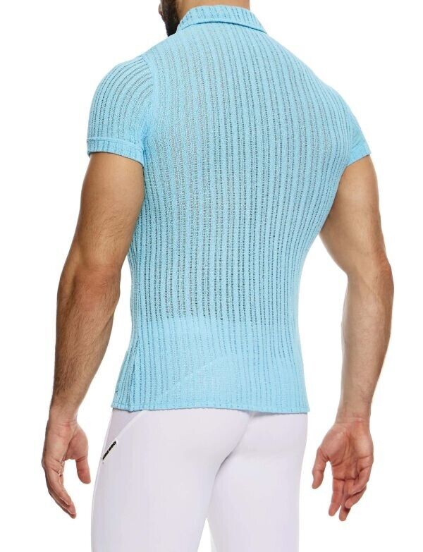 MODUS VIVENDI Muscle Fit Striped Crochet Shirt Knitted Chemise Light Blue 074413