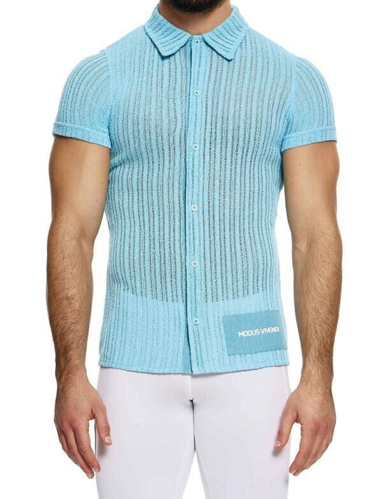 MODUS VIVENDI Muscle Fit Striped Crochet Shirt Knitted Chemise Light Blue 07441 - SexyMenUnderwear.com