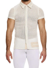 MODUS VIVENDI Muscle Fit Striped Crochet Shirt Knitted Chemise Natural 074412