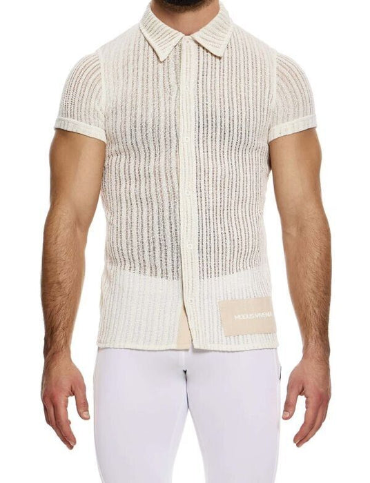 MODUS VIVENDI Muscle Fit Striped Crochet Shirt Knitted Chemise Natural 07441 - SexyMenUnderwear.com