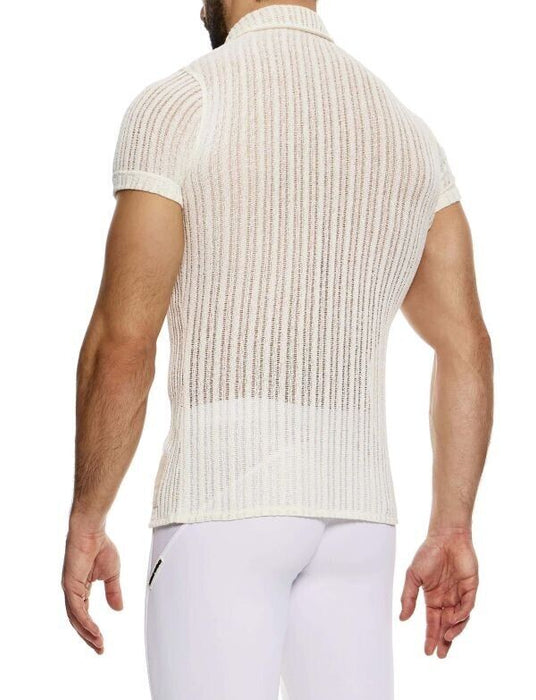 MODUS VIVENDI Muscle Fit Striped Crochet Shirt Knitted Chemise Natural 07441 - SexyMenUnderwear.com