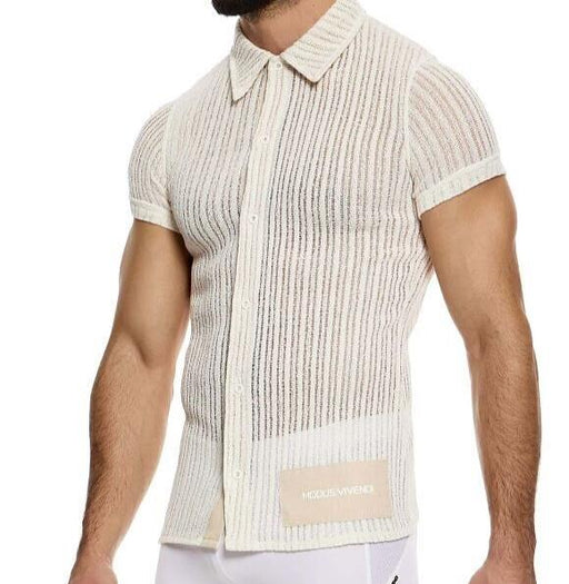 MODUS VIVENDI Muscle Fit Striped Crochet Shirt Knitted Chemise Natural 074411