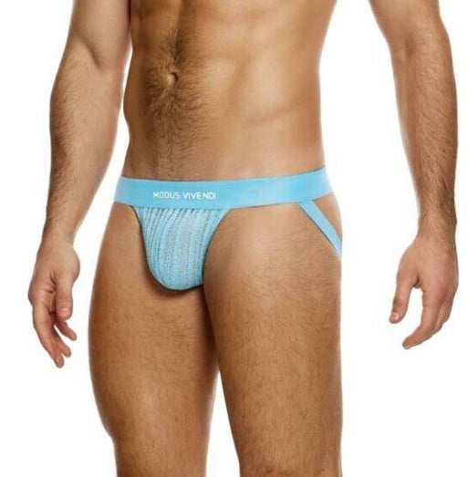 MODUS VIVENDI Stretch Jock Striped Crochet Knitted Jockstrap in Light Blue 074121