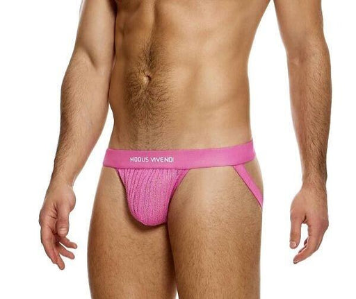 MODUS VIVENDI Stretch Jock Striped Crochet Knitted Jockstrap in Pink 074121