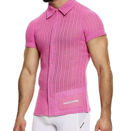 MODUS VIVENDI Striped Crochet Shirt Knitted Muscle Fit Chemise Pink 07441 B901