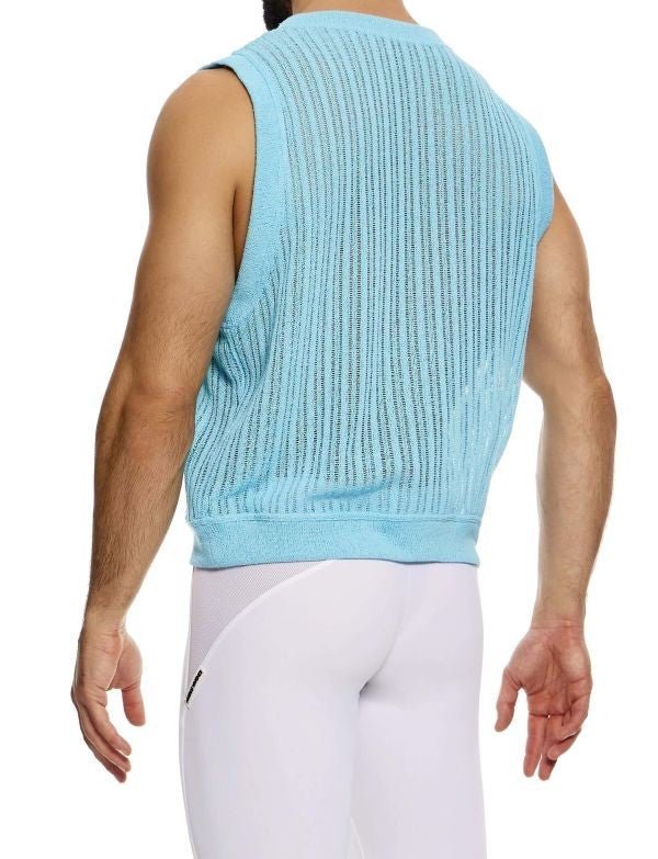 Modus Vivendi Striped Crochet Sleeveless Vest Knitted Tank Top Blue 07431 B1013