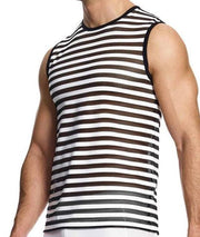 Modus Vivendi Striped Through Sleeveless Tank Top Fishnet Tight Fit BLK 01432 991