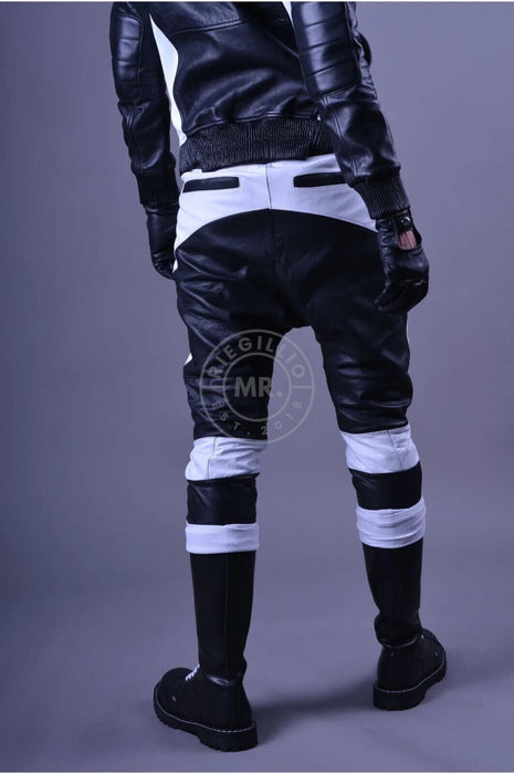 MR. RIEGILLIO 100% Leather Jogger Low-Cross Drawstring Black & White