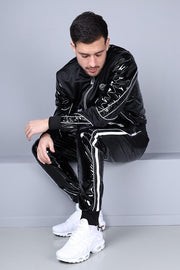 MR. RIEGILLIO PVC Tracksuit Pants 24 Shiny Black With White Piping R10442