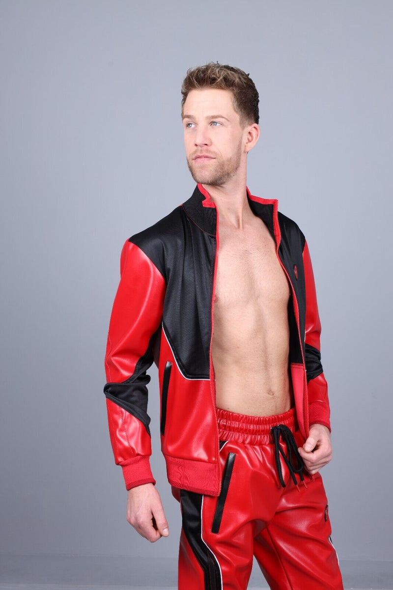MR. RIEGILLIO Vegan Leather Jacket 24 Tracksuit Crew Collar Red R10275