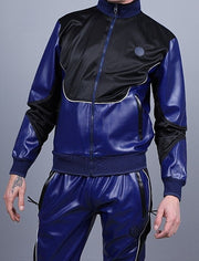 MR. RIEGILLIO Vegan Leather Jacket Tracksuit 24 Crew Collar in Blue R10391