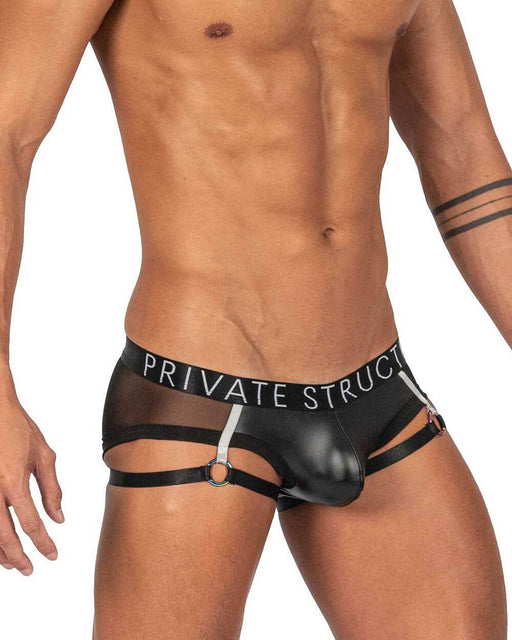 PRIVATE STRUCTURE Low Waist Mini Garter-Briefs PU Leather Shades Of Black  4419