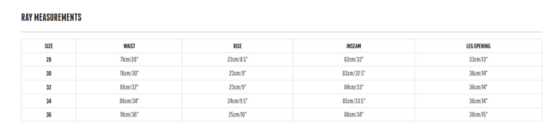 Table displaying measurements for different sizes of a product.