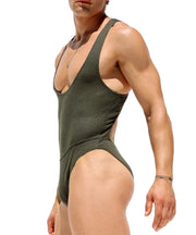 RUFSKIN Bodysuit Flynn Cotton Stretch Ribbed Knit Exoosing Back Cut - Out Olive 682