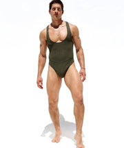 RUFSKIN Bodysuit Flynn Cotton Stretch Ribbed Knit Exoosing Back Cut - Out Olive 687