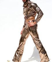 RUFSKIN Cropped Top Long Sleeve Turtle Neck Pule Over Woven Spandex Oro Bronze