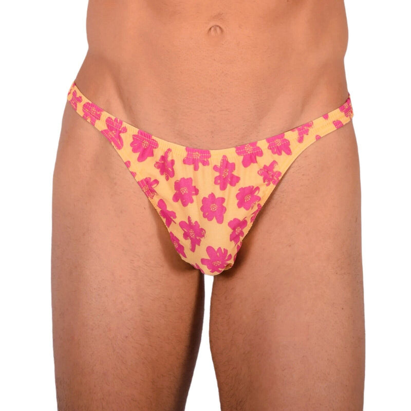 S/M SMU Tanning Walking around sheer Floral Yellow Thong MX19 340001