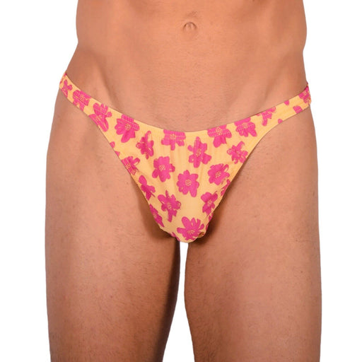 S/M SMU Tanning Walking around sheer Floral Yellow Thong MX19 340001