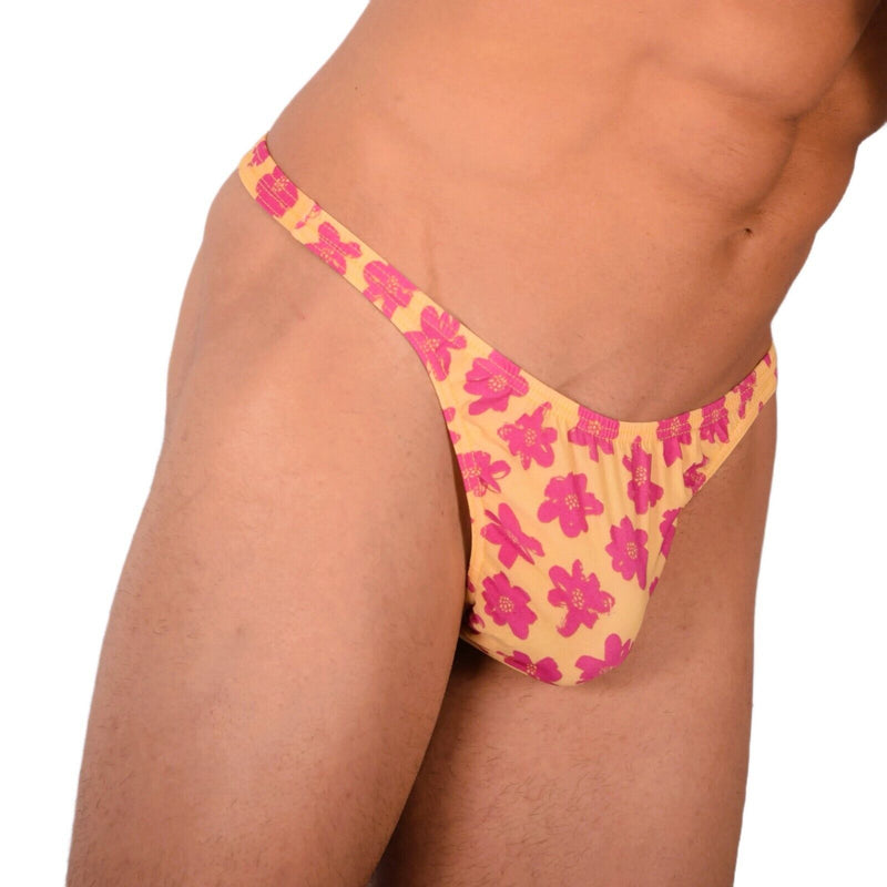 S/M SMU Tanning Walking around sheer Floral Yellow Thong MX19 340005