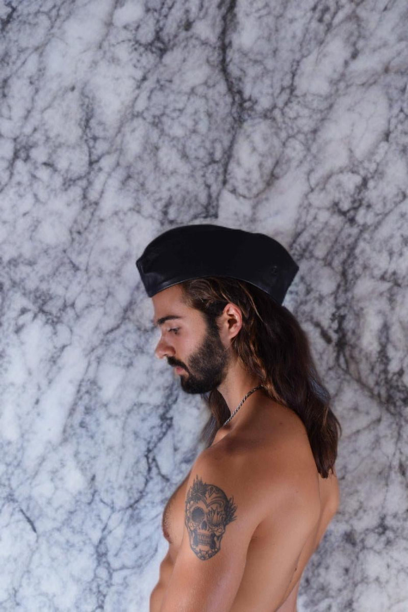 SMU Handmade Quality Leather Skin Garrison Cap Kepi in Black 26