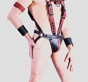 SMU Men Leather Brown Kit Puppy Mask Collar Harness Jock Band Fit 31-36 in