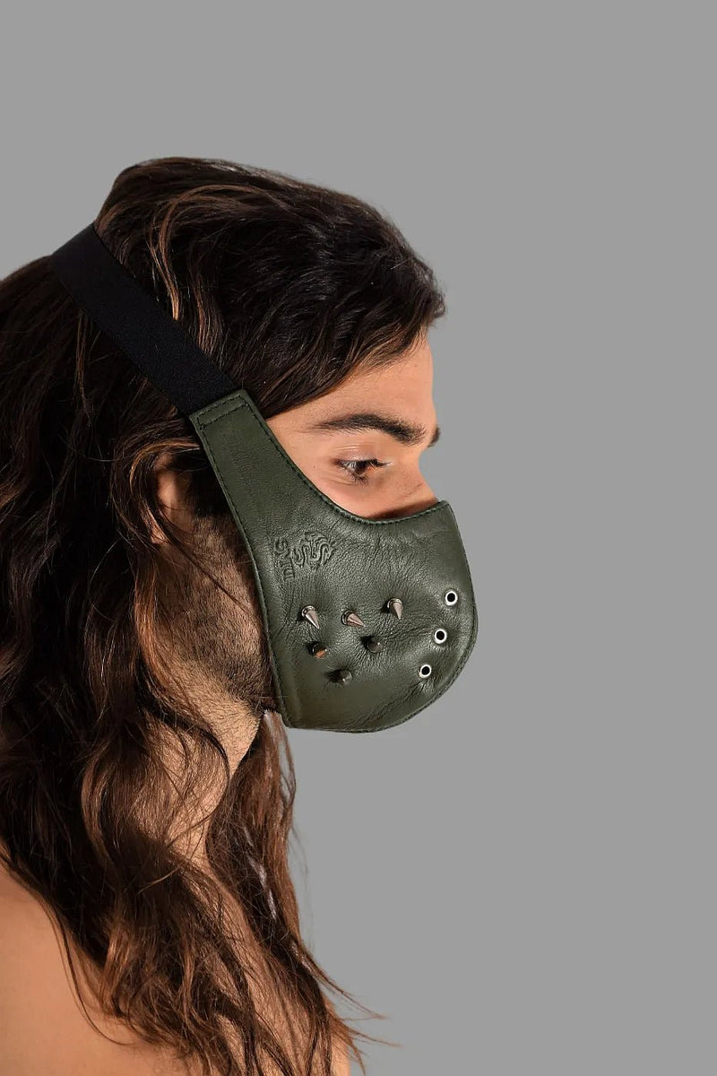 SMU Unisex Canadian Leather Studded Punk Mask in Army Green O/S 1051 35