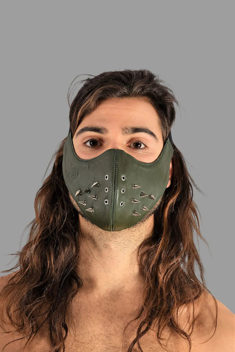 SMU Unisex Canadian Leather Studded Punk Mask in Army Green O/S 1051 33
