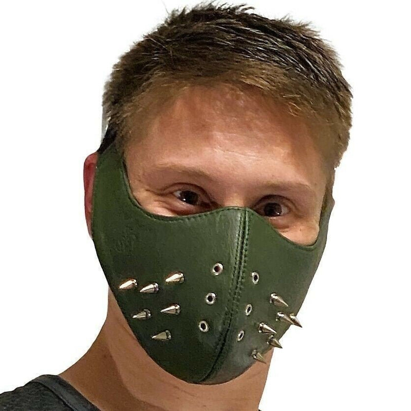 SMU Unisex Canadian Leather Studded Punk Mask in Army Green O/S 1051 32