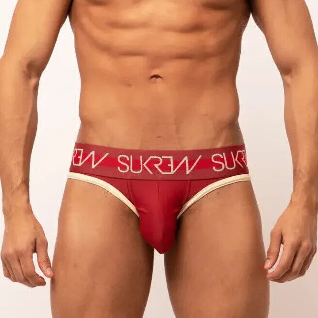 SUKREW Classic Briefs With High-Cut Front Unlined Brief Burgundy & Cream 19