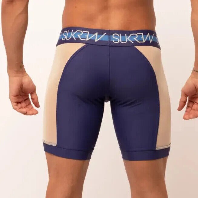 SUKREW Long Boxer SPRINT Cycle Short With Large Contoured Pouch in Navy/Cream