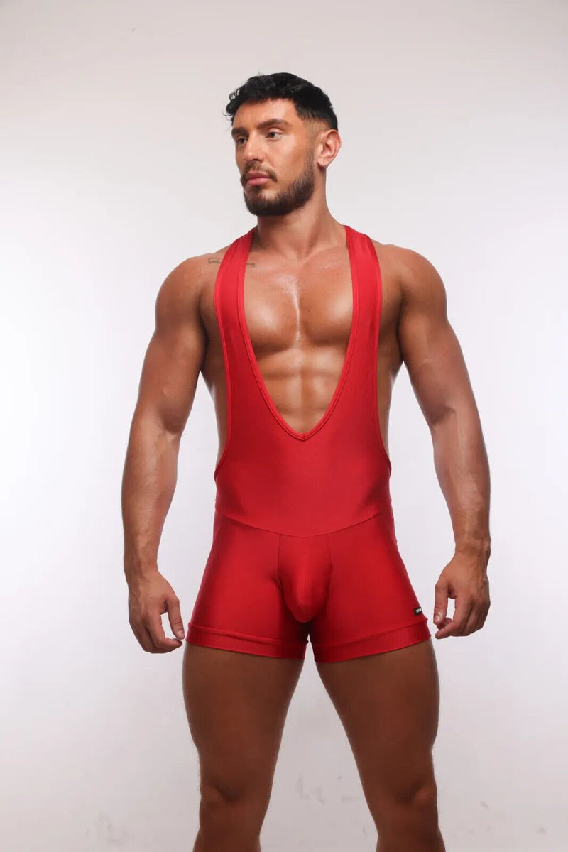 SUKREW V - Neck Singlet Bum Accentuating Bodysuit Low - Cut Side in Liberty Red 385