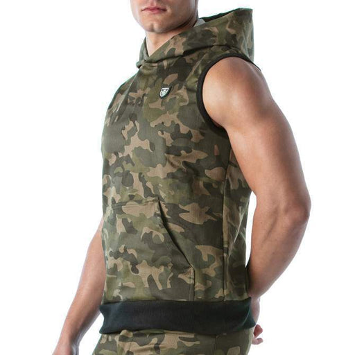 TOF PARIS Army Sleeveless Hoodie Large Open Pocket Rib Strips Camo Tank