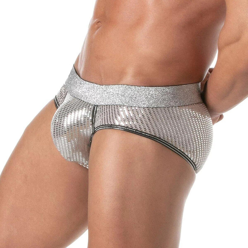 TOF PARIS Glitter Low - Rise Briefs Double - Lined Front Pouch Lurex Silver 531