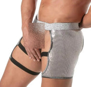 TOF PARIS Glitter Shorty Chaps Elastic Bands Open Front Laminated Silver 742