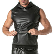 TOF PARIS Kinky Sleeveless hoodie Tank Faux Leather, Large Zipped Pocket 453