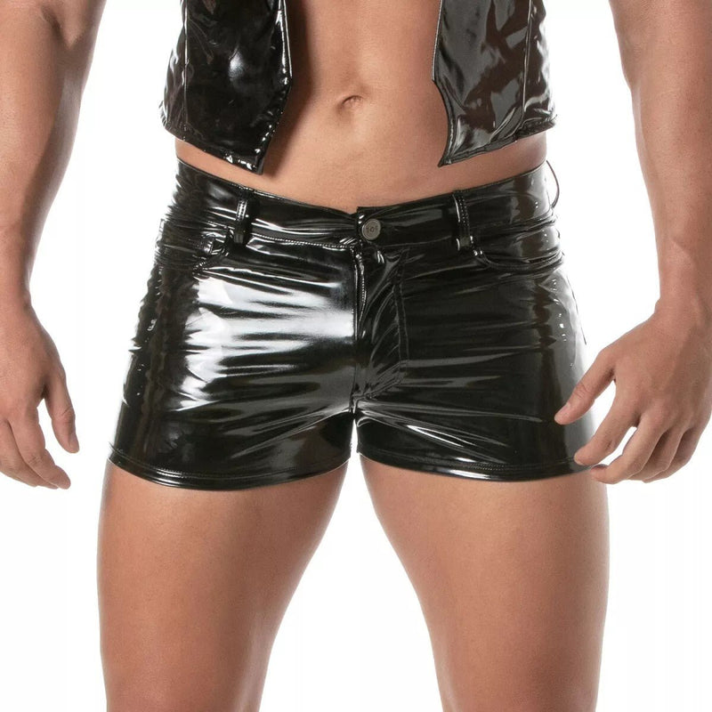 TOF PARIS Shiny Vinyl 5 Pockets Mid - Thigh Shorts in Bold Black 541