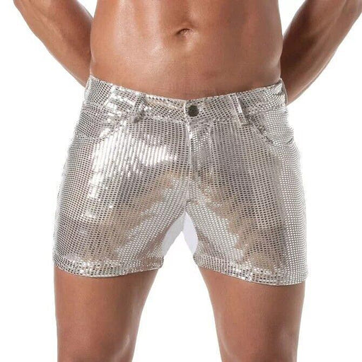 TOF PARIS Short Low - Rise Glitter 5 Pockets Mid - Thigh Shorts Sequins Silver 521