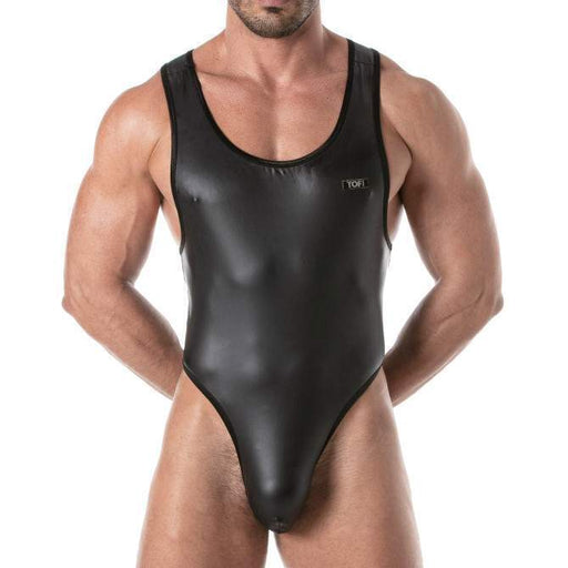 TOF PARIS Singlet Leather-Look Thong Bodysuit Stretch Elastic Trim Black