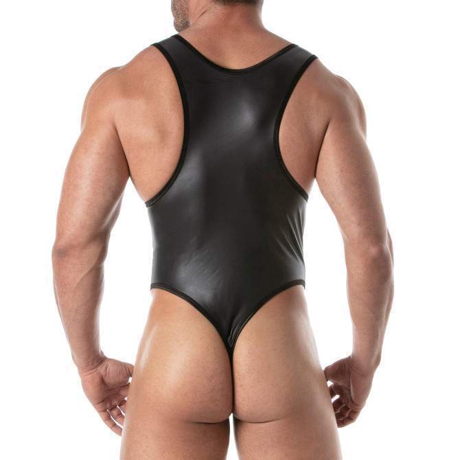 TOF PARIS Singlet Leather-Look Thong Bodysuit Stretch Elastic Trim Black