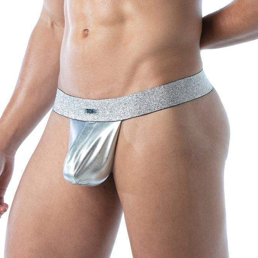 TOF PARIS Stringless Thong Magic Pouch Laminated Lurex Waistband Backless Silver