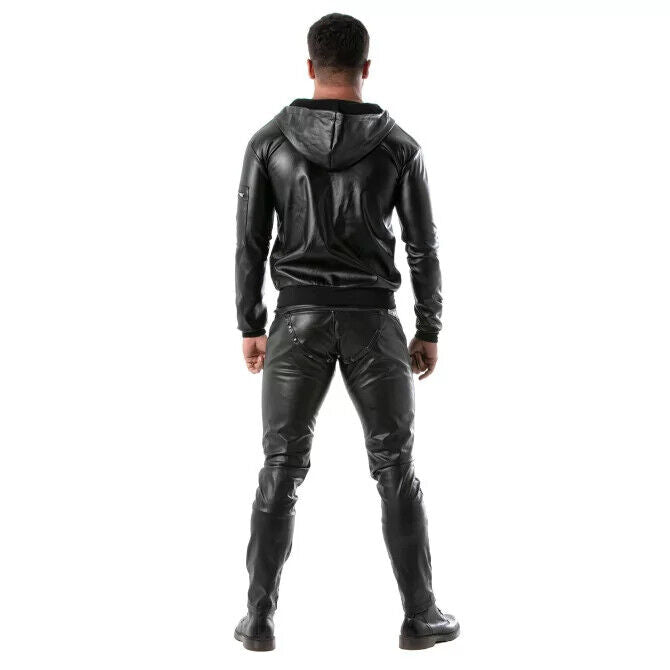 TOF PARIS Leather hoodie Vest Jacket 3-Zip Pockets Stylish Faux-Leather 47